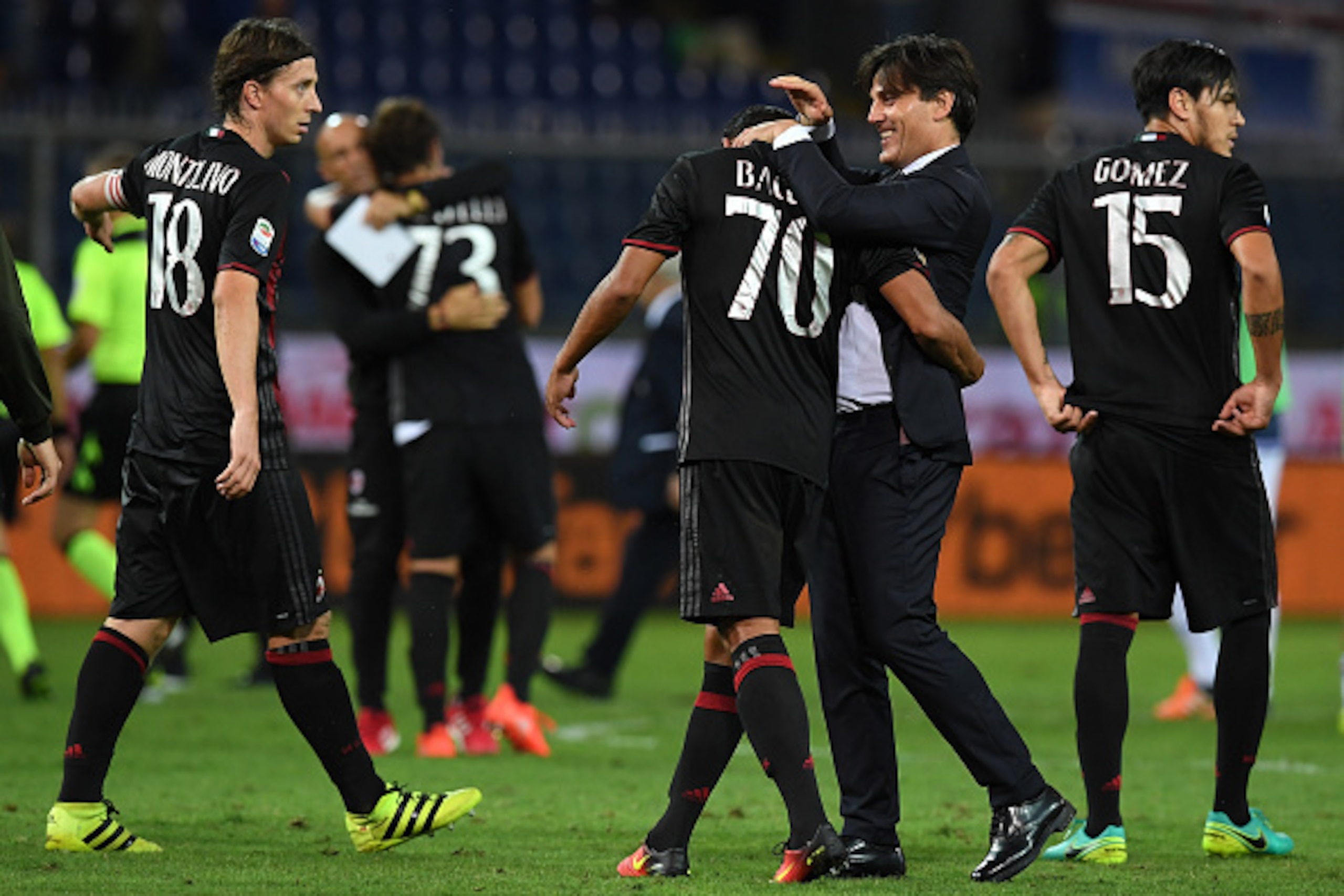 GENOA, ITALY - SEPTEMBER 16:  AC Milan head coach Vincenzo Montella (R) celebrates victory with Carlos Bacca at the end of the Serie A match between UC Sampdoria and AC Milan at Stadio Luigi Ferraris on September 16, 2016 in Genoa, Italy.  (Photo by Valer
