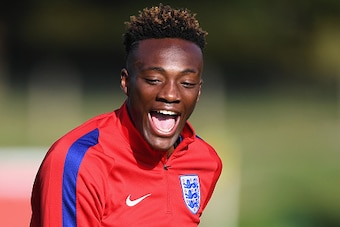 BURTON-UPON-TRENT, ENGLAND - OCTOBER 04: Tammy Abraham of England U-21 is all smiles during a training session at St Georges Park on October 4, 2016 in Burton-upon-Trent, England.  (Photo by Laurence Griffiths/Getty Images)