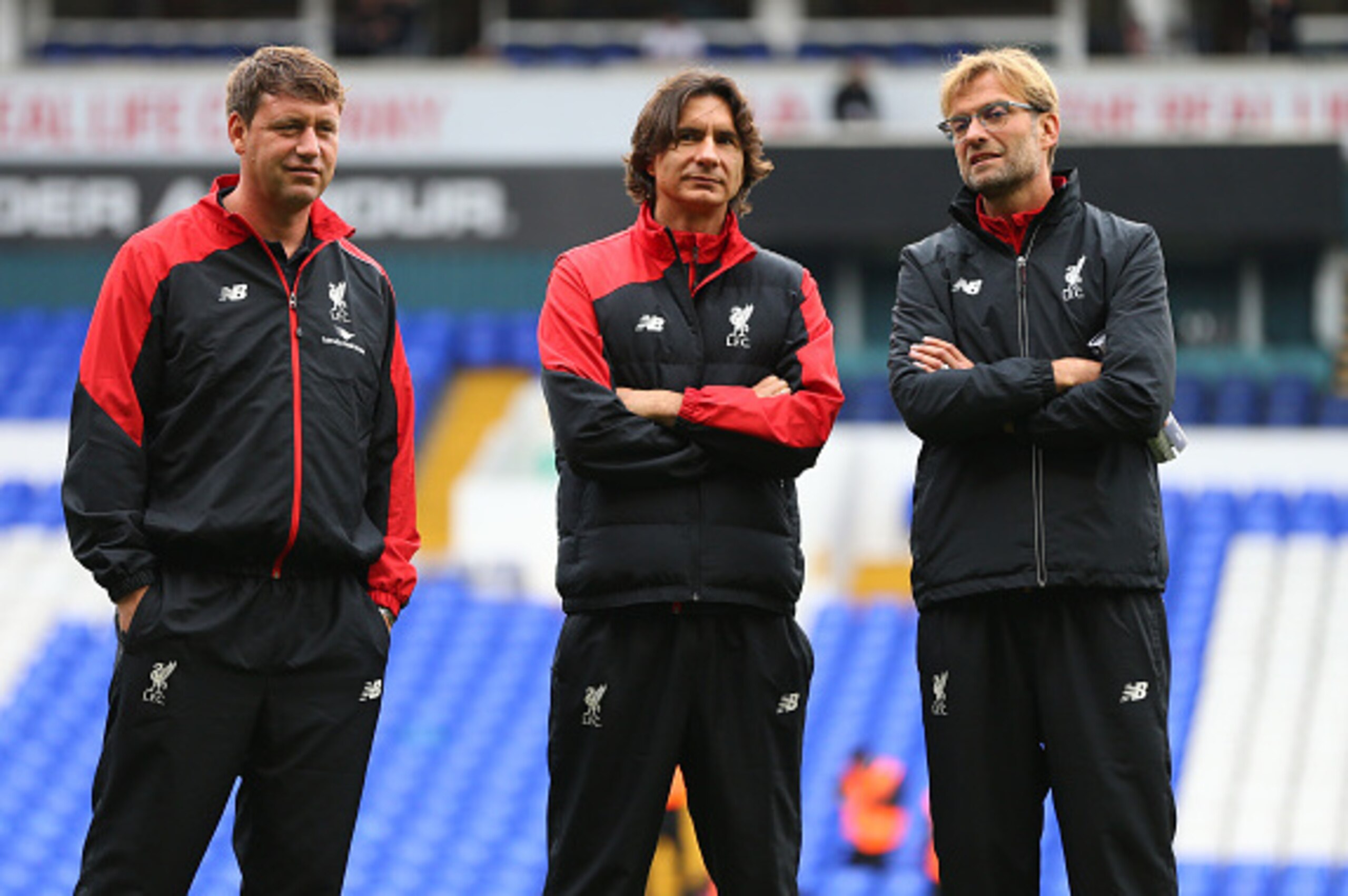 LONDON, ENGLAND - OCTOBER 17:  Jurgen Klopp manager  of Liverpool with his assistants Zeljko Buvac and Peter Krawietz before the Barclays Premier League match between Tottenham Hotspur and Liverpool at White Hart Lane on October 17, 2015 in London, Englan