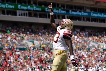 Sep 24, 2016; Tampa, FL, USA; Florida State Seminoles fullback Freddie Stevenson (23) celebrates a touchdown in the second half against the South Florida Bulls at Raymond James Stadium. Mandatory Credit: Logan Bowles-USA TODAY Sports