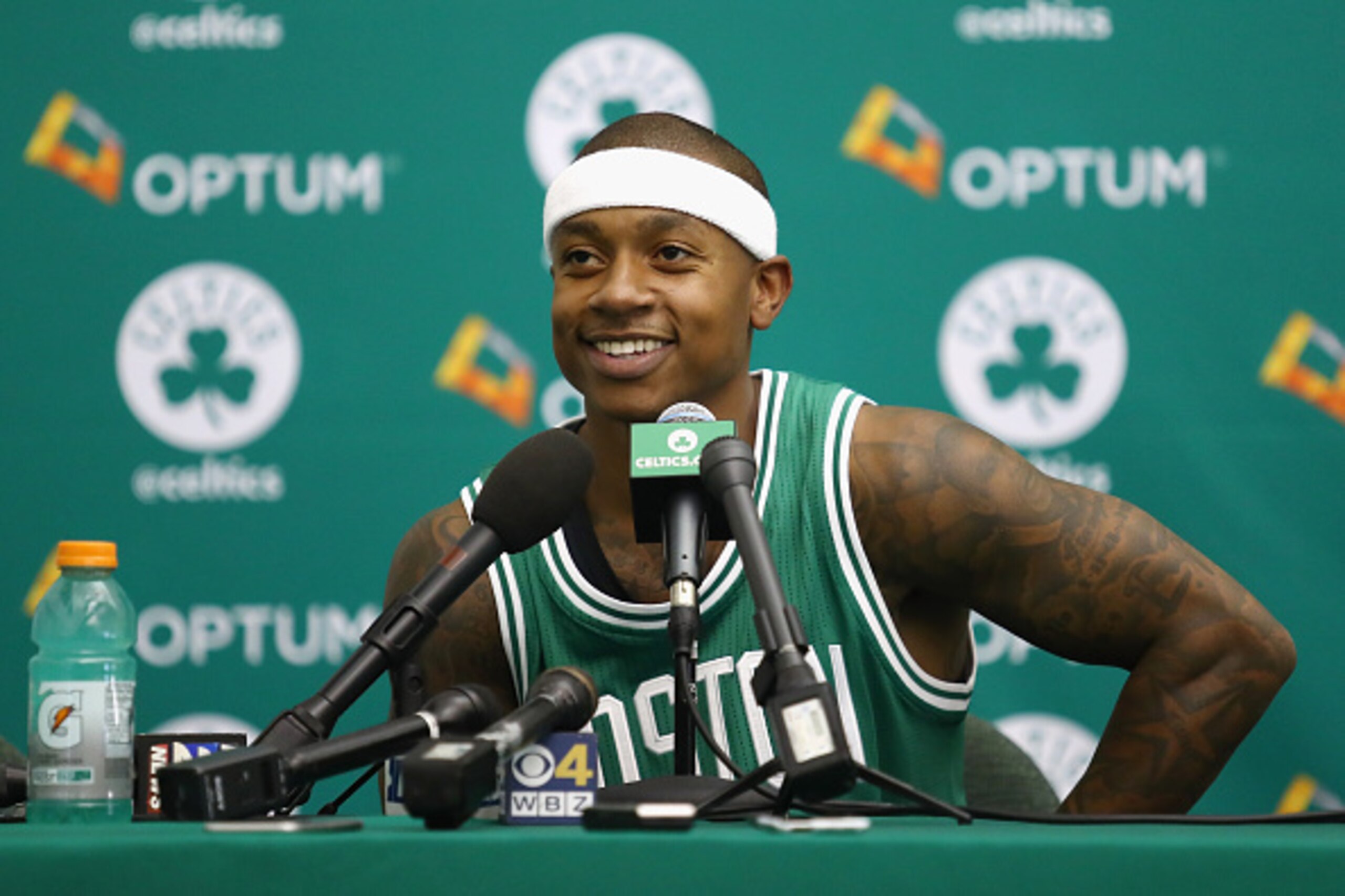 WALTHAM, MA - SEPTEMBER 26: Isaiah Thomas #4 of the Boston Celtics speaks with the media during Boston Celtics Media Day on September 26, 2016 in Waltham, Massachusetts. (Photo by Tim Bradbury/Getty Images) WALTHAM, MA - SEPTEMBER 26: Isaiah Thomas #4 of the Boston Celtics speaks with the media during Boston Celtics Media Day on September 26, 2016 in Waltham, Massachusetts. (Photo by Tim Bradbury/Getty Images)