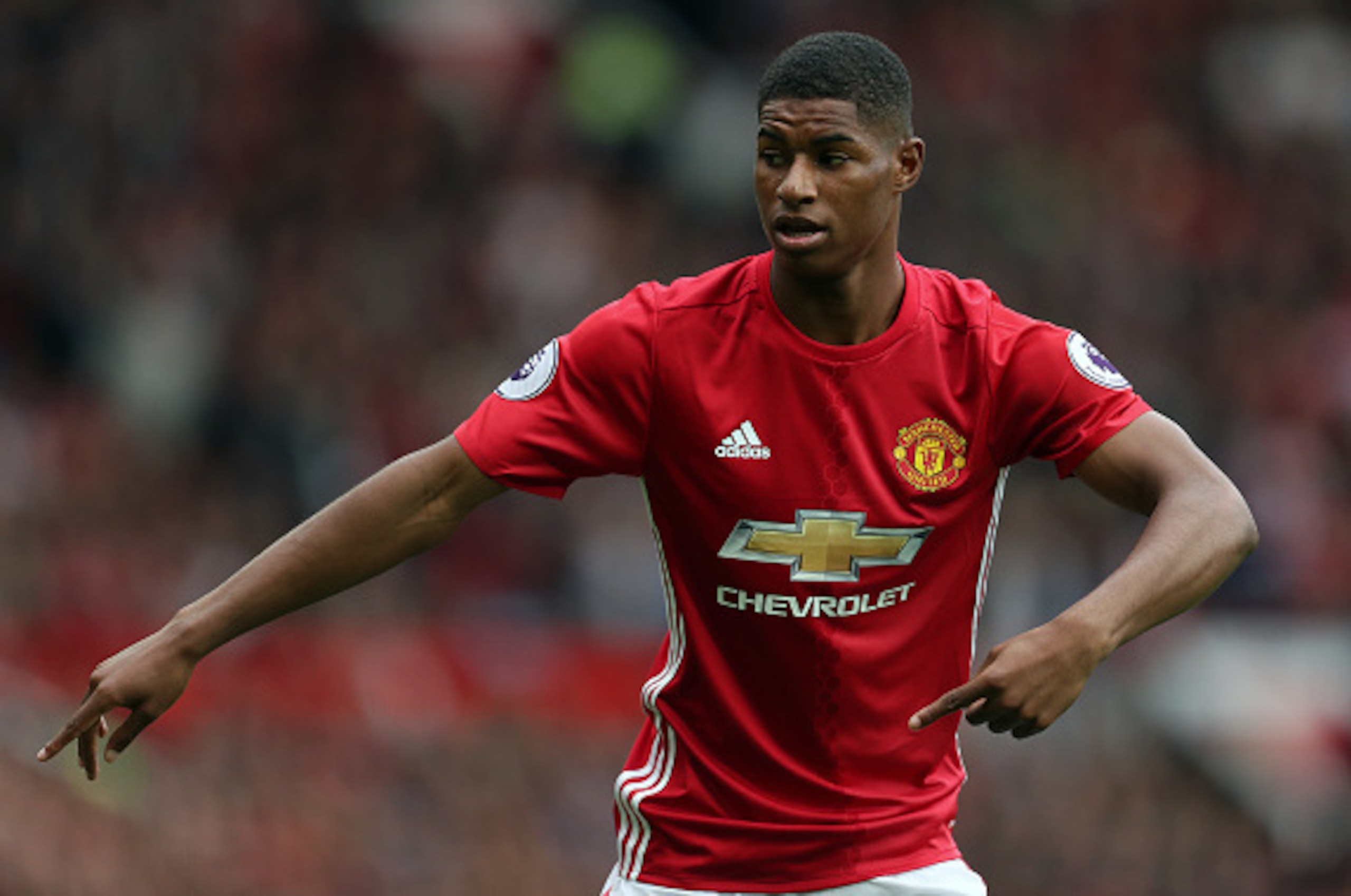 MANCHESTER, ENGLAND - SEPTEMBER 24: Marcus Rashford of Manchester United during the Premier League match between Manchester United and Leicester City at Old Trafford on September 24, 2016 in Manchester, England. (Photo by James Baylis - AMA/Getty Images)