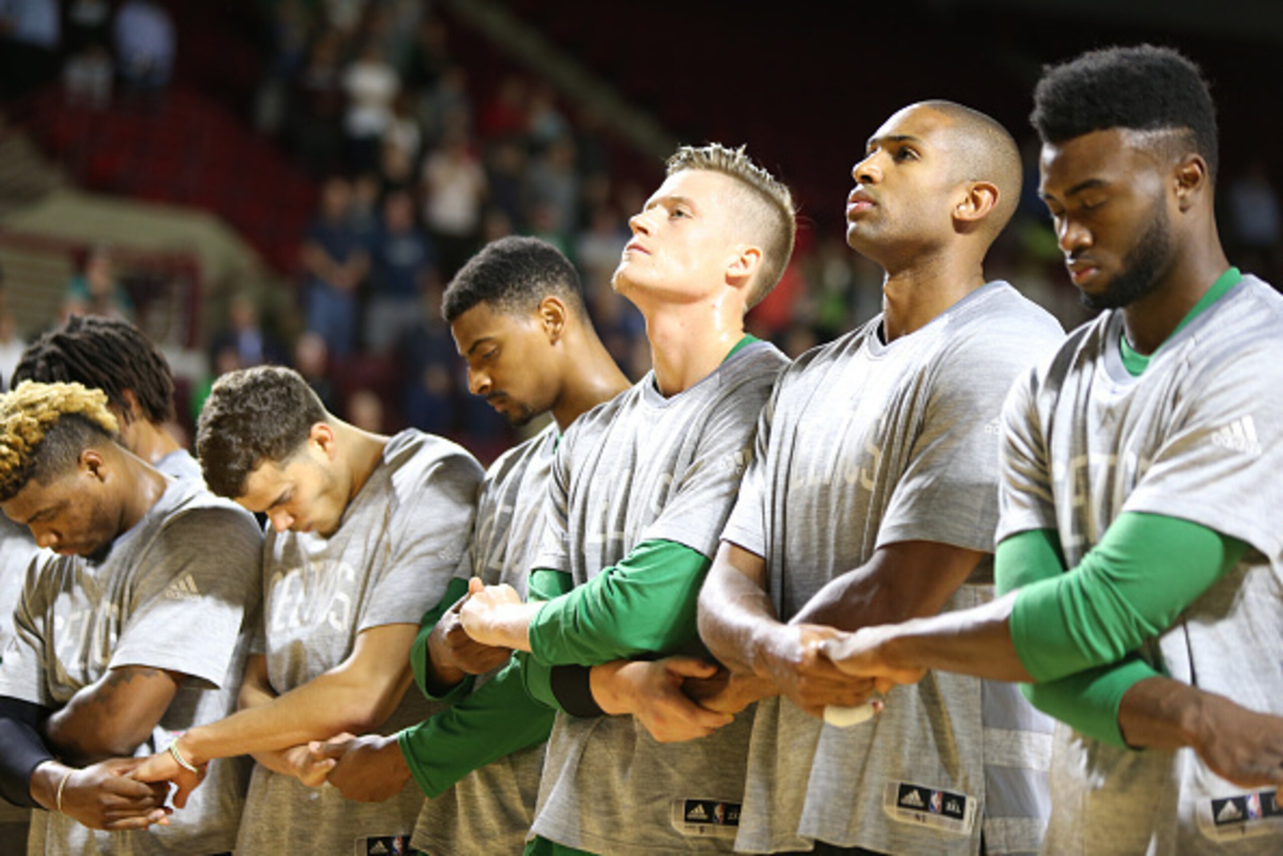 AMHERST, MA - OCTOBER 4: The Boston Celtics stand for the National Anthem before the game against the Philadelphia 76ers during a preseason game on October 4, 2016 at the Mullins Center in Amherst, Massachusetts. NOTE TO USER: User expressly acknowledge AMHERST, MA - OCTOBER 4: The Boston Celtics stand for the National Anthem before the game against the Philadelphia 76ers during a preseason game on October 4, 2016 at the Mullins Center in Amherst, Massachusetts. NOTE TO USER: User expressly acknowledge