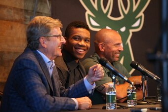 MILWAUKEE, WI - SEPTEMBER 20:  Milwaukee Bucks general manager John Hammond and head coach Jason Kidd join Giannis Antetokounmpo for a press conference announcing Antetokounmpo's contract extension at the Milwaukee Bucks Preview Center on September 20, 20