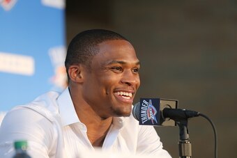 OKLAHOMA CITY, OK - AUGUST 4:  Russell Westbrook of the Oklahoma City Thunder speaks to the media at a press conference after signing a contract extension on August 4, 2016 at the Chesapeake Energy Arena in Oklahoma City, Oklahoma. NOTE TO USER: User expr