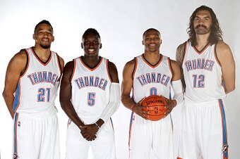 OKLAHOMA CITY, OK - SEPTEMBER 23: Andre Roberson #21, Victor Oladipo #5, Russell Westbrook #0, and Steven Adams #12 of the Oklahoma City Thunder pose for a portrait during 2016 NBA Media Day on September 23, 2016 at the Chesapeake Energy Arena in Oklahoma
