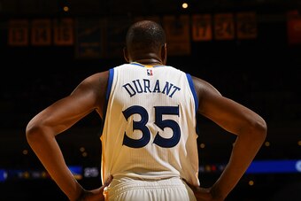 OAKLAND, CA - OCTOBER 4:  Kevin Durant #35 of the Golden State Warriors looks on against the Los Angeles Clippers during a preseason game on October 4, 2016 at Oracle Arena in Oakland, California. NOTE TO USER: User expressly acknowledges and agrees that,