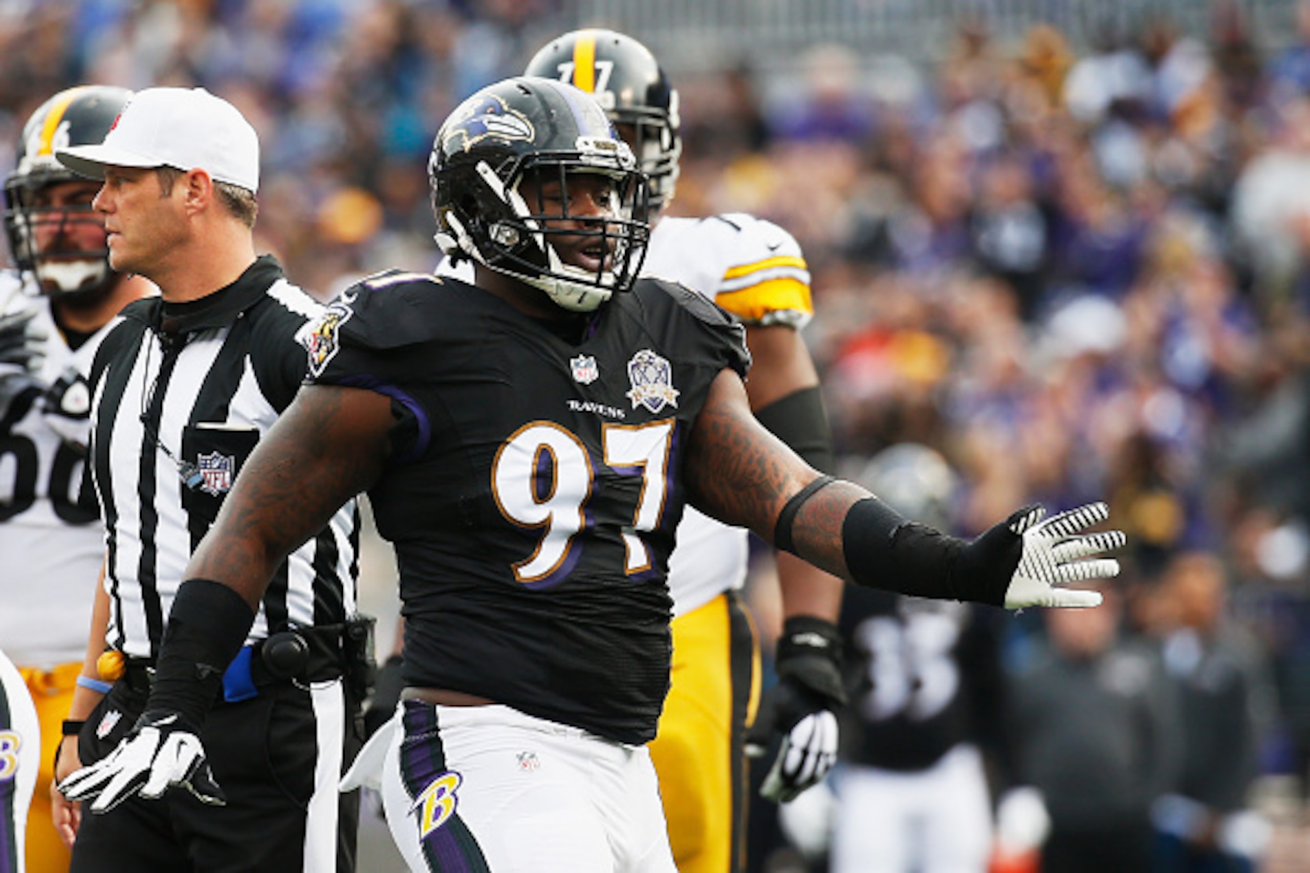 BALTIMORE, MD - DECEMBER 27:   Timmy Jernigan #97 of the Baltimore Ravens reacts during the second quarter against the Pittsburgh Steelers at M&T Bank Stadium on December 27, 2015 in Baltimore, Maryland.  (Photo by Rob Carr/Getty Images)