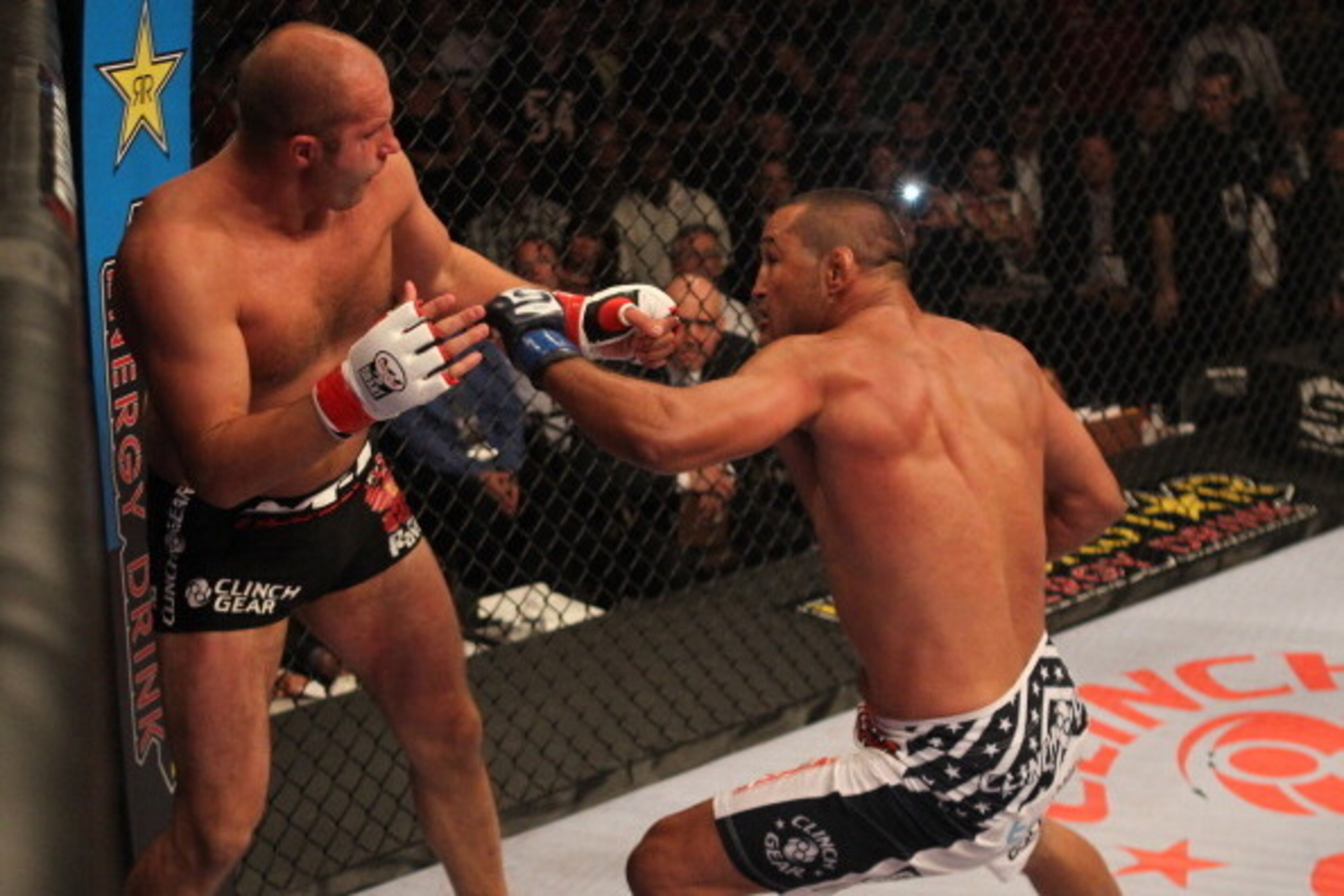 HOFFMAN ESTATES, IL - JULY 30:  (R-L) Dan Henderson punches Fedor Emelianenko during a heavyweight fight at the Strikeforce event at Sears Centre Arena on July 30, 2011 in Hoffman Estates, Illinois.  (Photo by Josh Hedges/Forza LLC/Forza LLC via Getty Ima