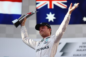 KUALA LUMPUR, MALAYSIA - OCTOBER 02:  Nico Rosberg of Germany and Mercedes GP on the podium during the Malaysia Formula One Grand Prix at Sepang Circuit on October 2, 2016 in Kuala Lumpur, Malaysia.  (Photo by Clive Mason/Getty Images)