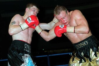 22 Oct 2000:  Ricky Hatton (left) makes contact with Jon Thaxton during the British Light Welterweight Title Bout held at Wembey, London. Mandatory Credit: John Gichigi/ALLSPORT