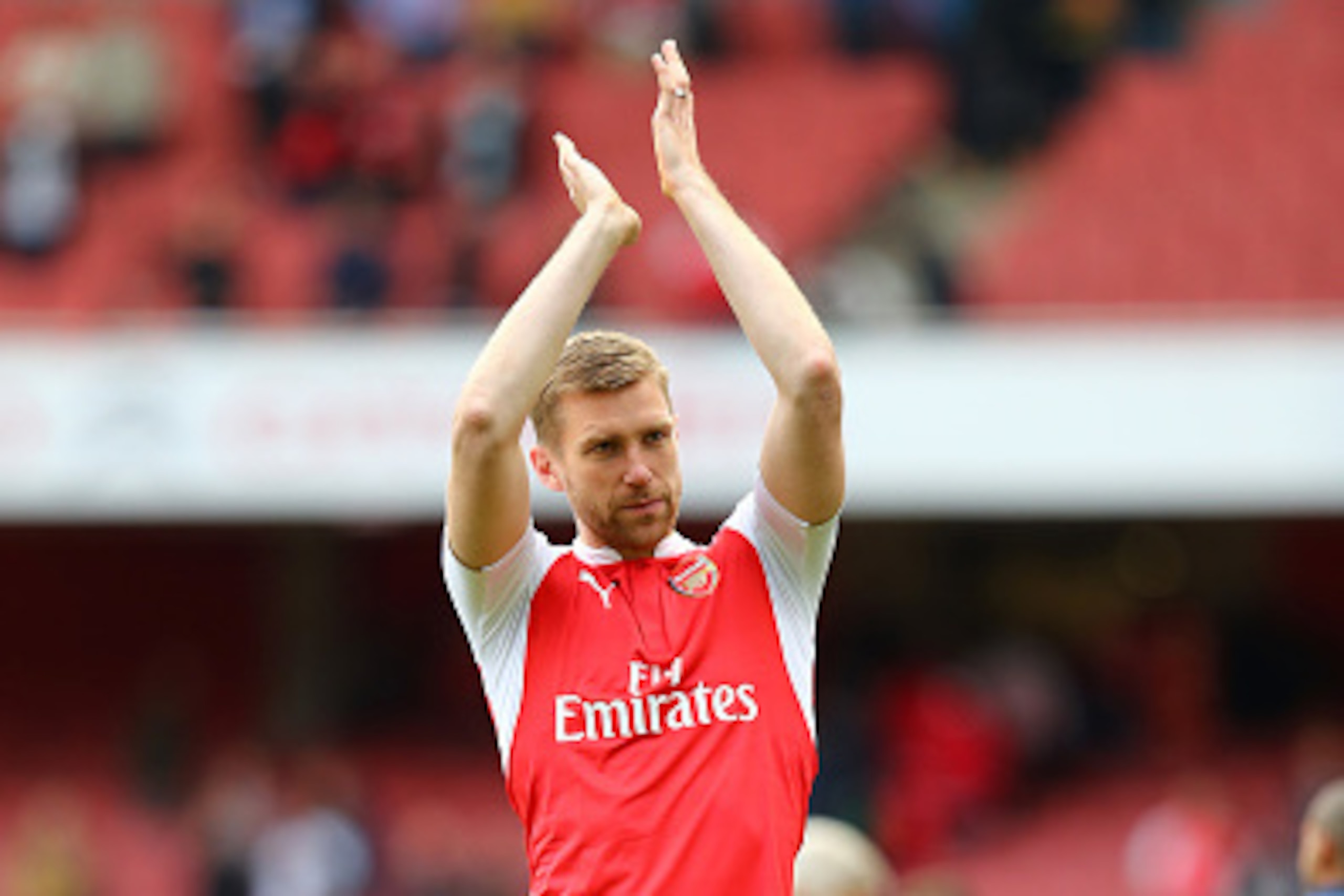 LONDON, UNITED KINGDOM - MAY 15:  Per Mertesacker of Arsenal applauds supporters after the Barclays Premier League match between Arsenal and Aston Villa at Emirates Stadium on May 15, 2016 in London, England.  (Photo by Julian Finney/Getty Images)
