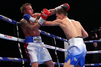 SHEFFIELD, ENGLAND - MARCH 26:  Luke Campbell stops Gary Sykes to win the Vacant Commonwealth Lightweight Championship fight between Luke Campbell and Gary Sykes at Sheffield Arena on March 26, 2016 in Sheffield, England.  (Photo by Alex Livesey/Getty Ima