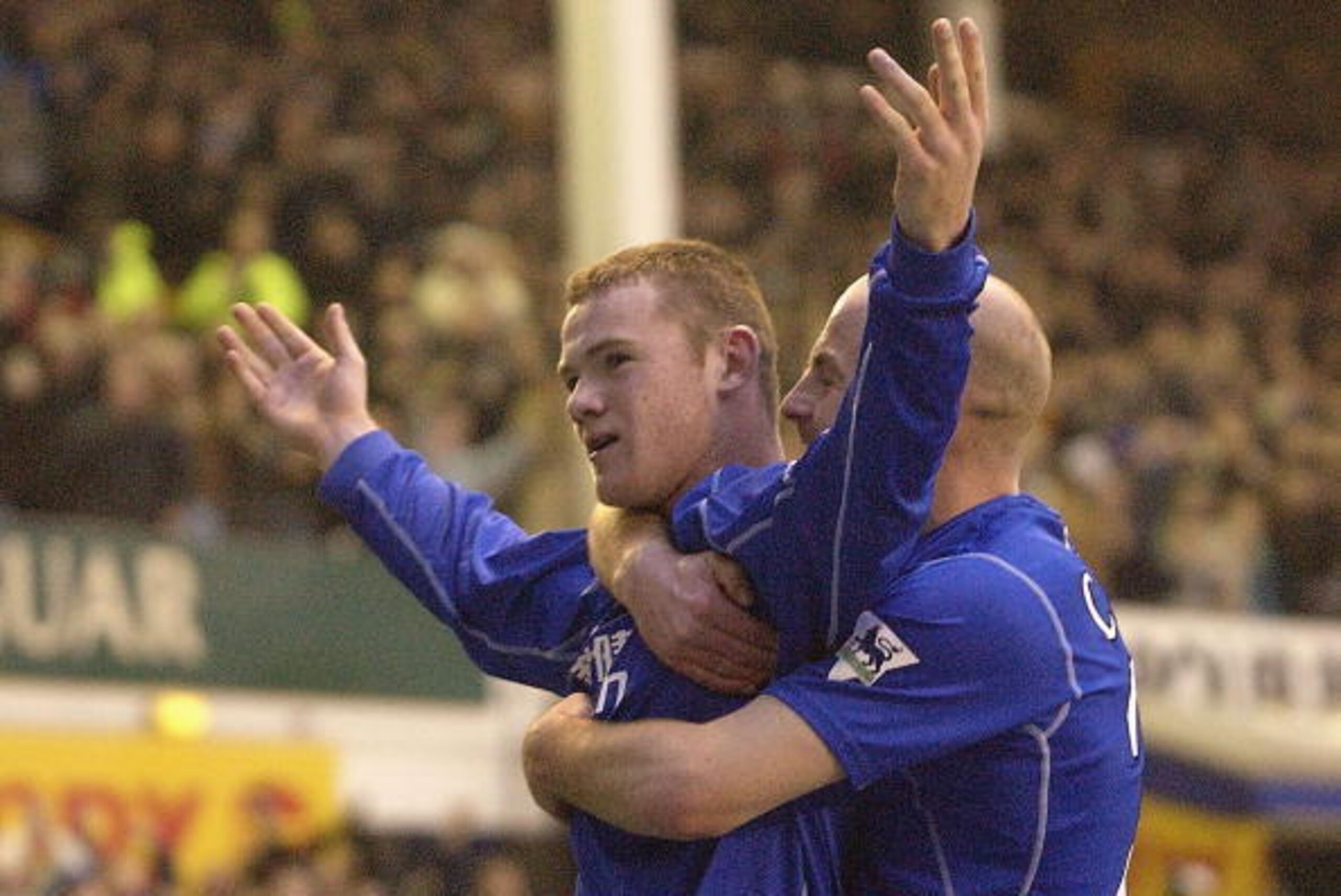 LIVERPOOL - DECEMBER 14:  Wayne Rooney of Everton celebrates scoring their second goal during the FA Barclaycard Premiership match between Everton and Blackburn Rovers at Goodison Park on December 14, 2002 in Liverpool, England. (Photo by Shaun Botterill/