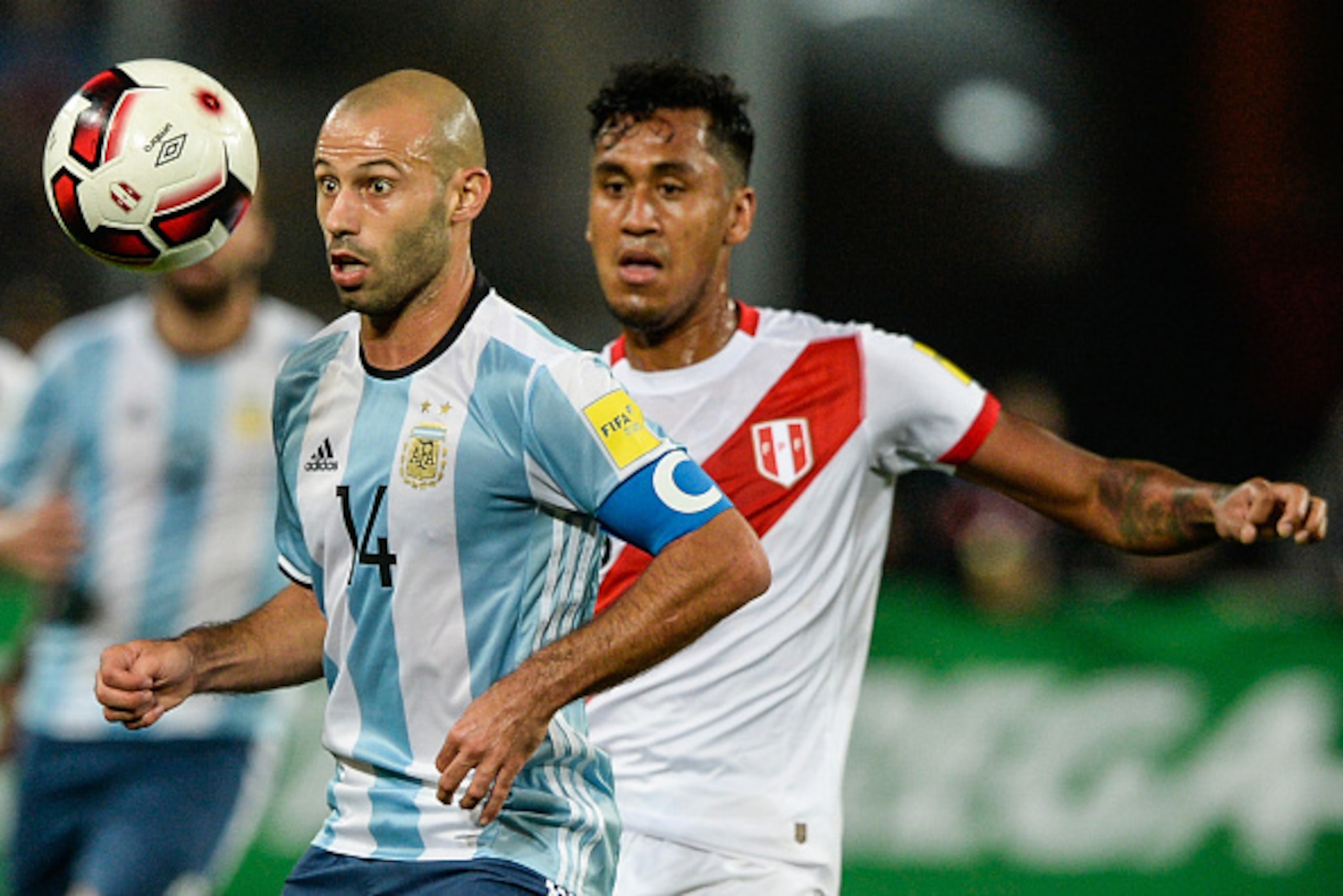 Argentina's Javier Mascherano eyes the ball during the Russia 2018 World Cup qualifier football match against Peru in Lima, on October 6, 2016. / AFP / Ernesto BENAVIDES (Photo credit should read ERNESTO BENAVIDES/AFP/Getty Images) Argentina's Javier Mascherano eyes the ball during the Russia 2018 World Cup qualifier football match against Peru in Lima, on October 6, 2016. / AFP / Ernesto BENAVIDES (Photo credit should read ERNESTO BENAVIDES/AFP/Getty Images)