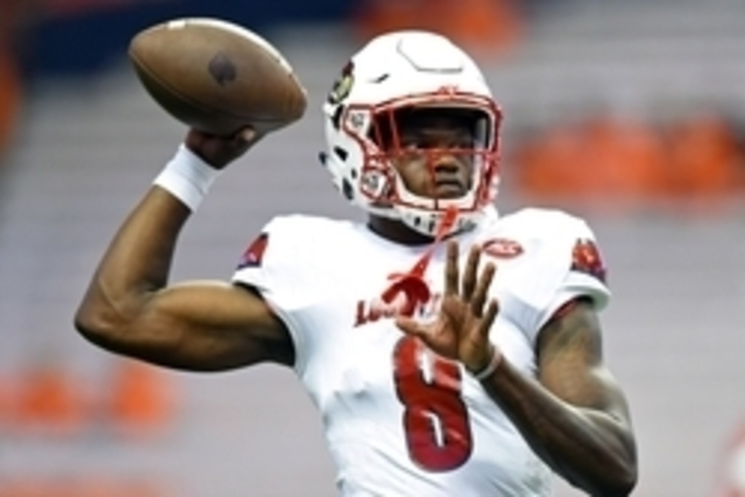 Sep 9, 2016; Syracuse, NY, USA; Louisville Cardinals quarterback Lamar Jackson (8) warms up prior to the game against the Syracuse Orange at the Carrier Dome. Louisville defeated Syracuse 62-28.  Mandatory Credit: Rich Barnes-USA TODAY Sports