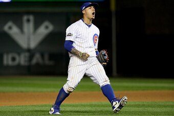 CHICAGO, ILLINOIS - OCTOBER 07:  Javier Baez #9 of the Chicago Cubs celebrates after beating the San Francisco Giants 1-0 at Wrigley Field on October 7, 2016 in Chicago, Illinois. (Photo by Jonathan Daniel/Getty Images)
