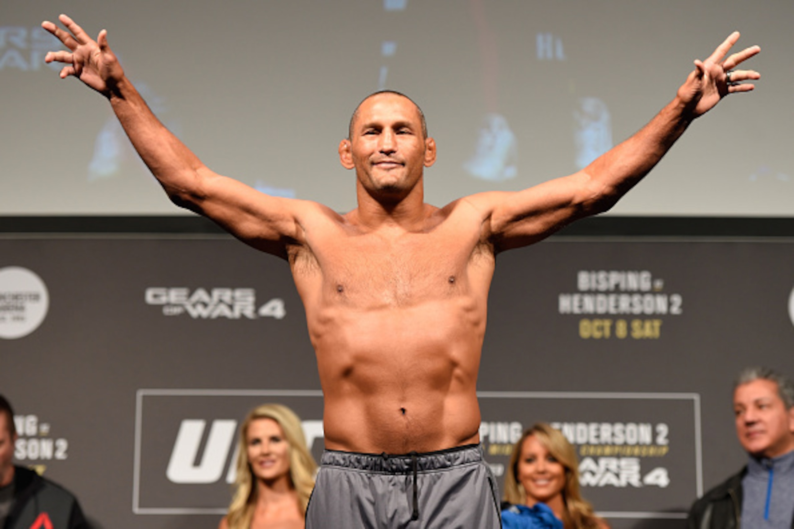 MANCHESTER, ENGLAND - OCTOBER 07: Dan Henderson of the United States steps onto the scale during the UFC 204 weigh-in at the Manchester Central Convention Complex on October 7, 2016 in Manchester, England. (Photo by Josh Hedges/Zuffa LLC/Zuffa LLC via Ge MANCHESTER, ENGLAND - OCTOBER 07: Dan Henderson of the United States steps onto the scale during the UFC 204 weigh-in at the Manchester Central Convention Complex on October 7, 2016 in Manchester, England. (Photo by Josh Hedges/Zuffa LLC/Zuffa LLC via Ge
