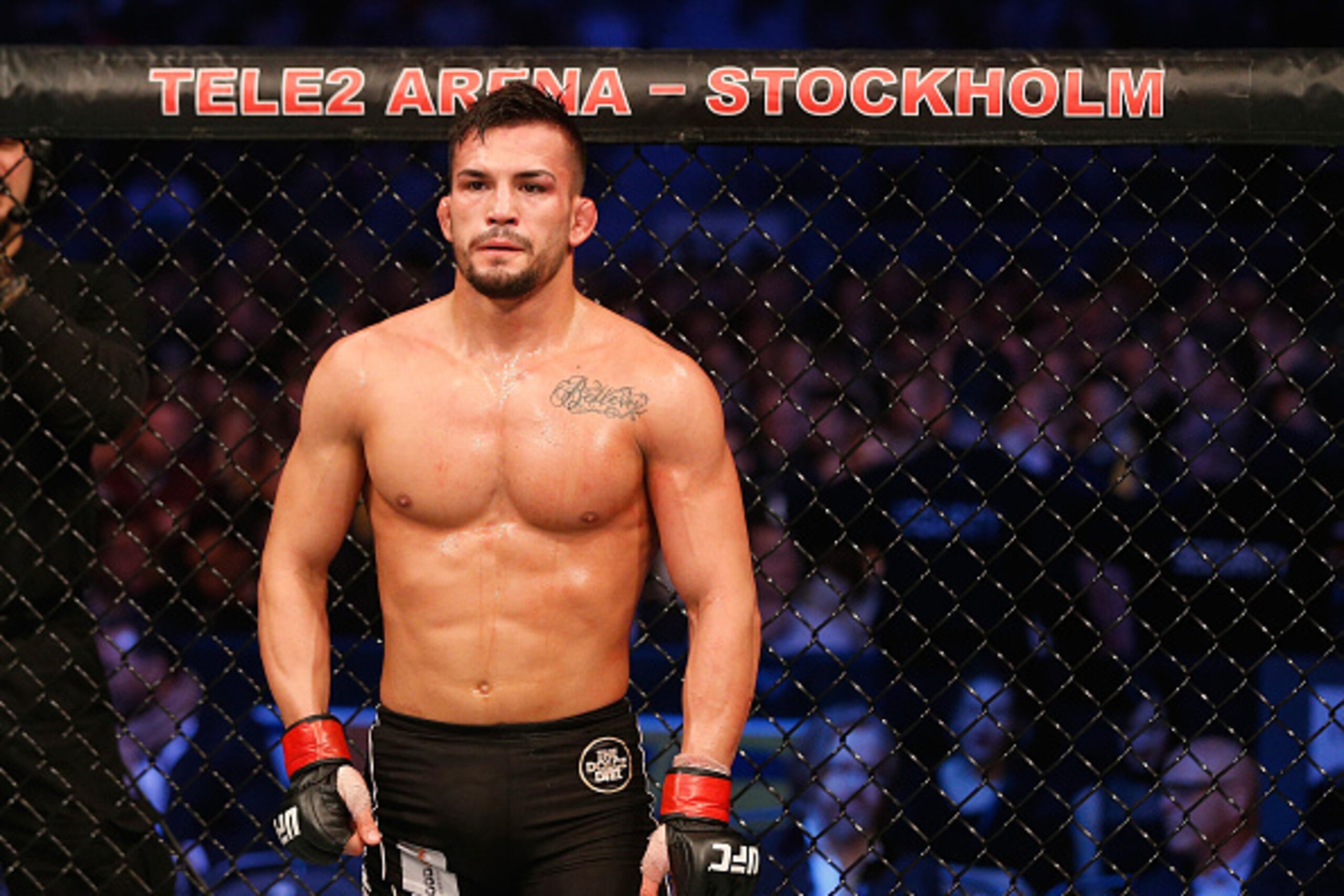 STOCKHOLM, SWEDEN - JANUARY 24:  Mirsad Bektic of Bosnia stands in his corner before the third round of his featherweight bout against Paul Redmond of Ireland during the UFC Fight Night event at the Tele2 Arena on January 24, 2015 in Stockholm, Sweden. (P