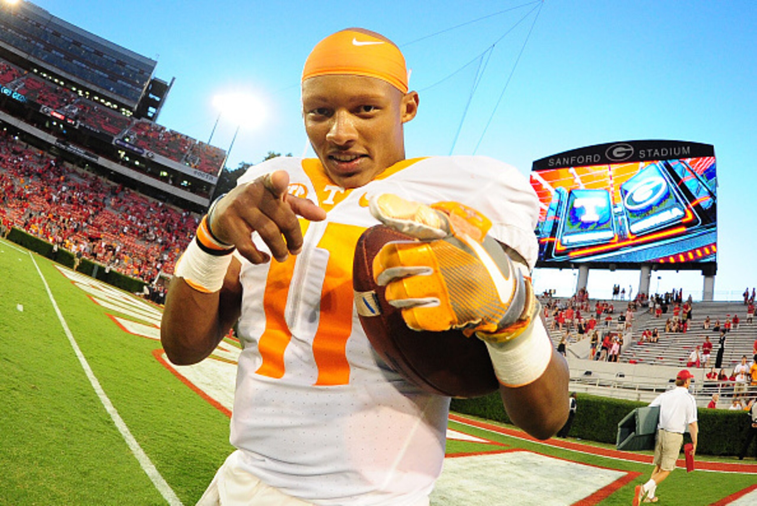 ATHENS, GA - OCTOBER 1: Joshua Dobbs #11 of the Tennessee Volunteers celebrates after the game against the Georgia Bulldogs at Sanford Stadium on October 1, 2016 in Athens, Georgia. (Photo by Scott Cunningham/Getty Images)