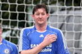 COBHAM, UNITED KINGDOM - MARCH 18: (L-R) Ray Wilkins, Gareth Hall, David Lee, Garry Stanley and Keith Dublin  of Chelsea Old Boys line up  in the wall during a a friendly game against Boston Braves at Chelsea's Training ground at on March 18, 2008 in Cobh