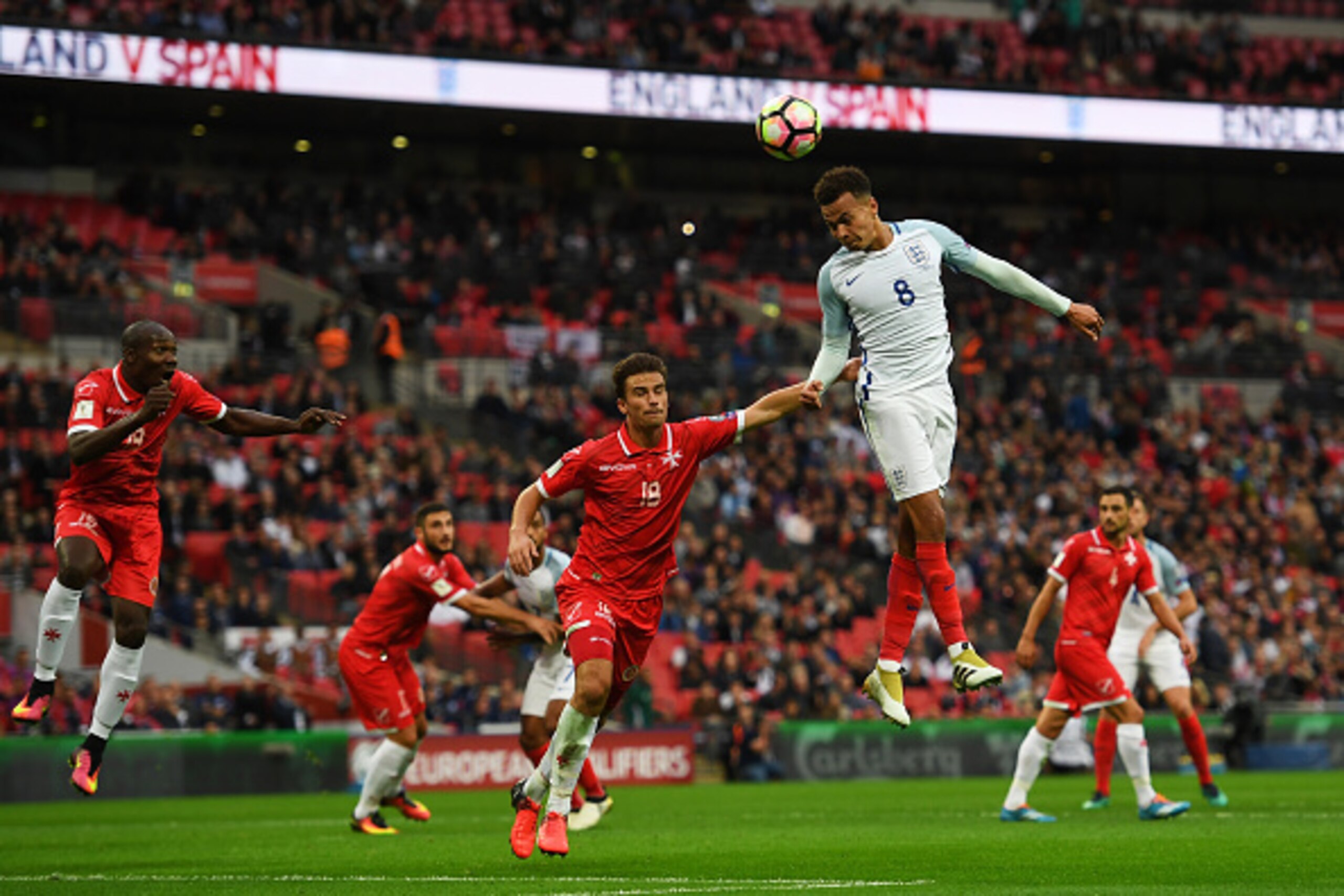 LONDON, ENGLAND - OCTOBER 08: Dele Alli of England heads on goal during the FIFA 2018 World Cup Qualifier Group F match between England and Malta at Wembley Stadium on October 8, 2016 in London, England.  (Photo by Shaun Botterill/Getty Images)