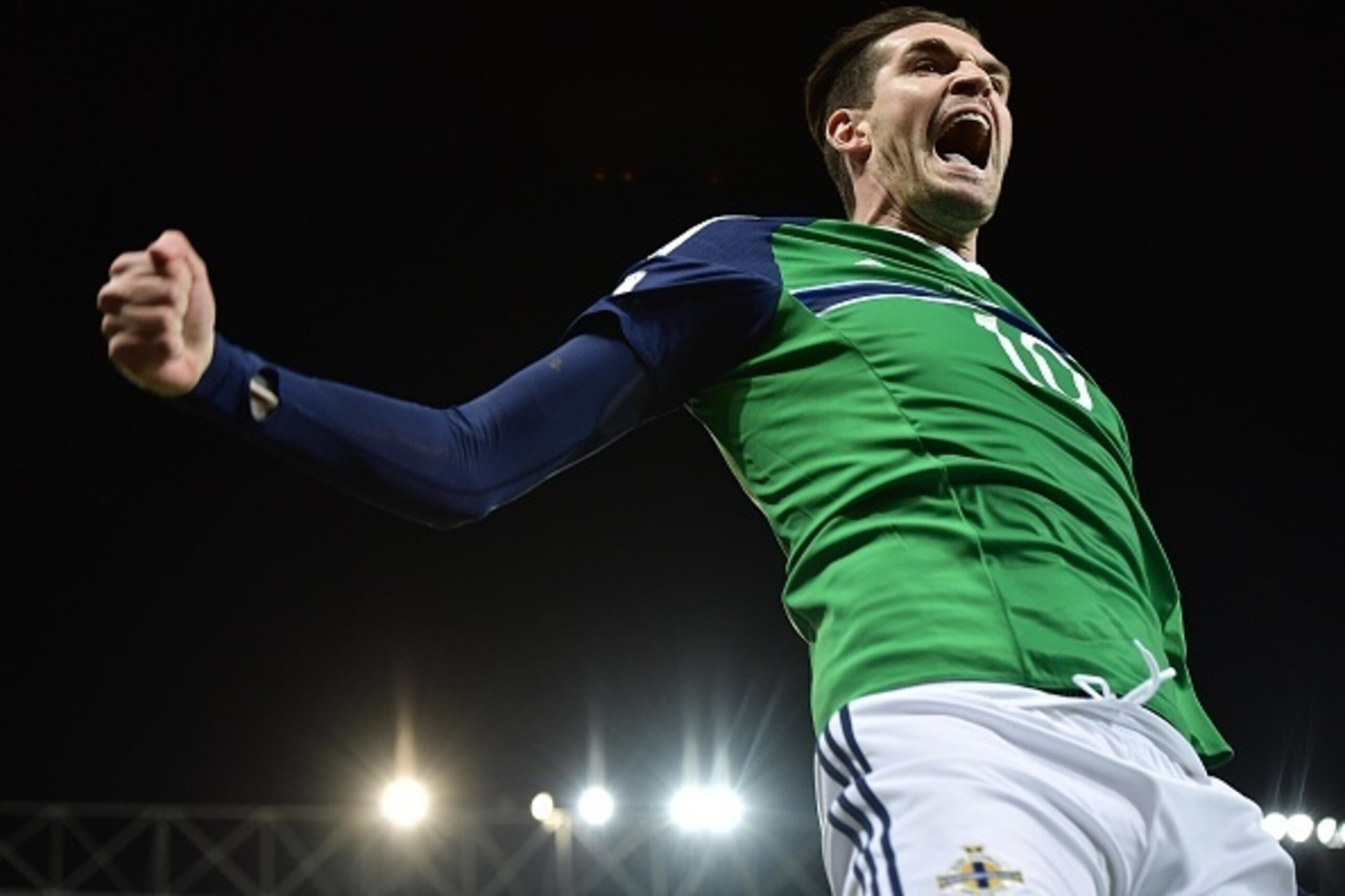 BELFAST, NORTHERN IRELAND - OCTOBER 08: Kyle Lafferty of Northern Ireland celebrates after he scores during the FIFA 2018 World Cup Qualifier between Northern Ireland and San Marino at Windsor Park on October 8, 2016 in Belfast, Northern Ireland. (Photo b
