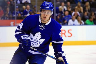 TORONTO, CANADA - OCTOBER 02:  Auston Matthews #34 of the Toronto Maple Leafs skates during an NHL preseason game against the Montreal Canadiens at Air Canada Centre on October 2, 2016 in Toronto, Canada.  (Photo by Vaughn Ridley/Getty Images)  .