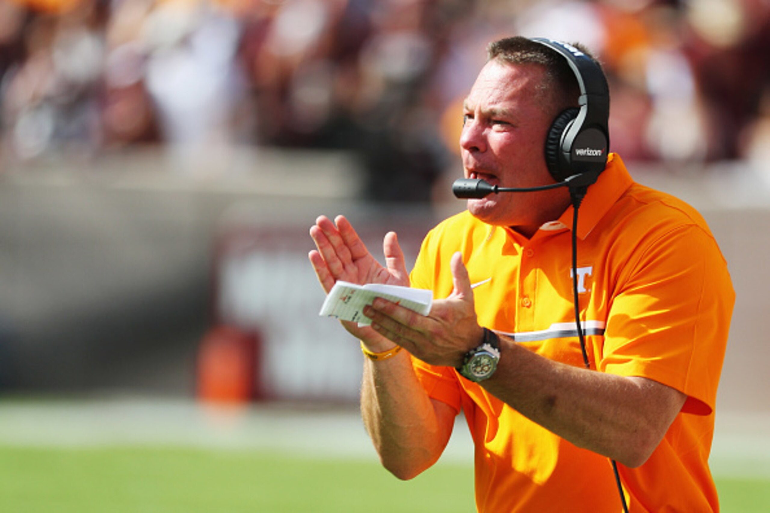 COLLEGE STATION, TX - OCTOBER 08:  Head coach of the Tennessee Volunteers Butch Jones watches a play in the first half of their game against the Texas A&M Aggies at Kyle Field on October 8, 2016 in College Station, Texas.  (Photo by Scott Halleran/Getty I