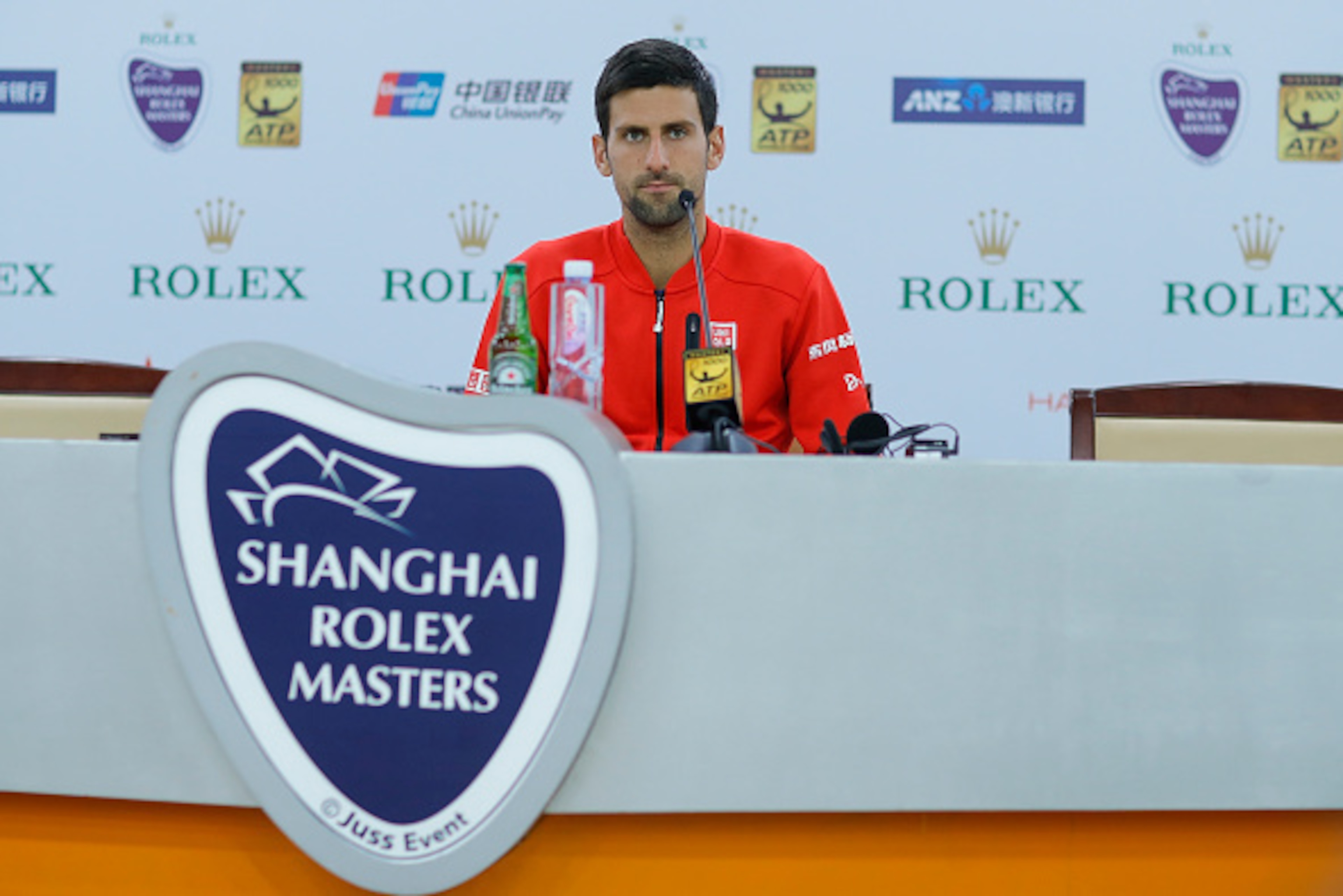 SHANGHAI, CHINA - OCTOBER 09:  Novak Djokovic of Serbia speaks during a press conference on day one of Shanghai Rolex Masters at Qi Zhong Tennis Centre on October 9, 2016 in Shanghai, China.  (Photo by Lintao Zhang/Getty Images)