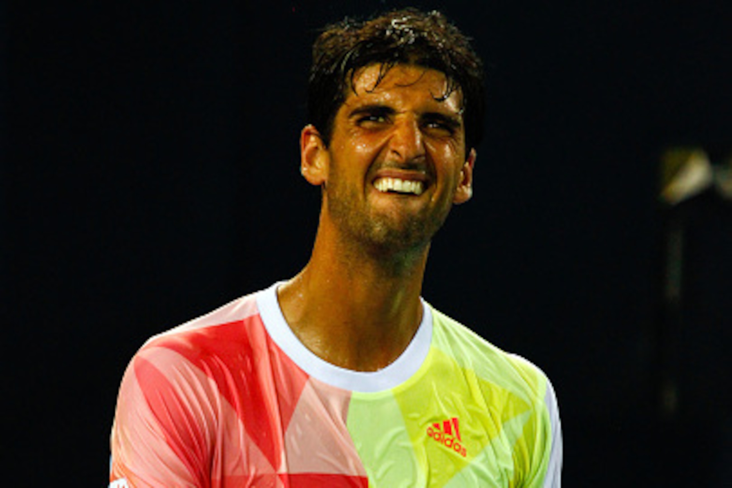 Thomaz Bellucci of Brazil reacts during his men's singles semi-final match against Tomas Berdych of Czech Republic at Shenzhen Open ATP tennis tournament in Shenzhen, south China's Guangdong province on October 1, 2016. / AFP / STR        (Photo credit sh