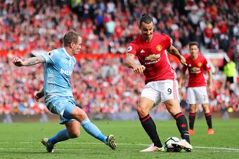 MANCHESTER, ENGLAND - OCTOBER 02: Zlatan Ibrahimovic of Manchester United shoots during the Premier League match between Manchester United and Stoke City at Old Trafford on October 2, 2016 in Manchester, England.  (Photo by Richard Heathcote/Getty Images)