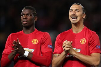 MANCHESTER, ENGLAND - SEPTEMBER 29: Paul Pogba and Zlatan Ibrahimovic of Manchester United before the UEFA Europa League match between Manchester United FC and FC Zorya Luhansk at Old Trafford on September 29, 2016 in Manchester, England. (Photo by Matthe