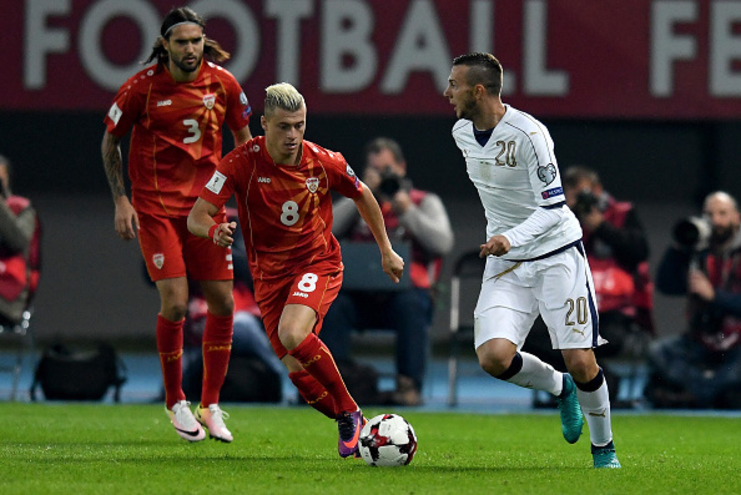 SKOPJE, MACEDONIA - OCTOBER 09:  Federico Bernardeschi of Italy (R) in action during the FIFA 2018 World Cup Qualifier between FYR Macedonia and Italy at Nacionalna Arena Filip II Makedonski on October 9, 2016 in Skopje, Macedonia.  (Photo by Claudio Vill