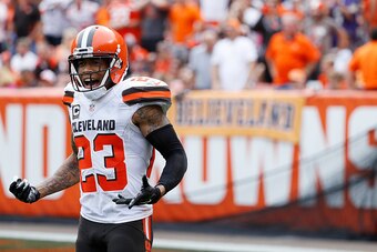 CLEVELAND, OH - SEPTEMBER 18: Joe Haden #23 of the Cleveland Browns reacts after being called for interference against the Baltimore Ravens during the game at FirstEnergy Stadium on September 18, 2016 in Cleveland, Ohio. The Ravens defeated the Browns 25-