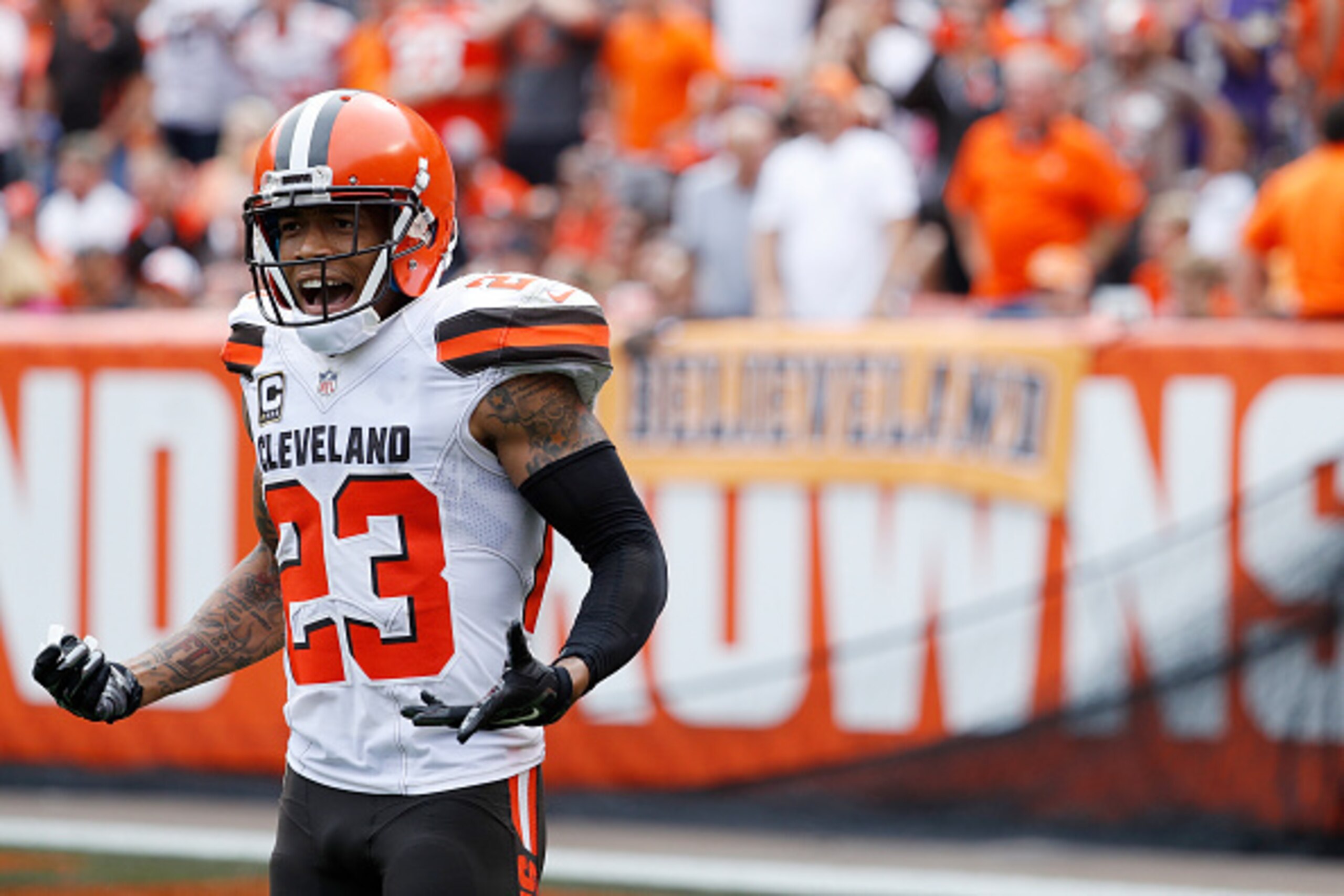 CLEVELAND, OH - SEPTEMBER 18: Joe Haden #23 of the Cleveland Browns reacts after being called for interference against the Baltimore Ravens during the game at FirstEnergy Stadium on September 18, 2016 in Cleveland, Ohio. The Ravens defeated the Browns 25-