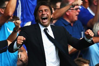 LONDON, ENGLAND - AUGUST 27: Antonio Conte, Manager of Chelsea celebrates his sides third goalduring the Premier League match between Chelsea and Burnley at Stamford Bridge on August 27, 2016 in London, England.  (Photo by Steve Bardens/Getty Images)