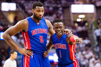 CLEVELAND, OH - APRIL 17: Andre Drummond #0 and Reggie Jackson #1 of the Detroit Pistons talk during a time out in the second half of the NBA Eastern Conference Quarterfinals at Quicken Loans Arena on April 17, 2016 in Cleveland, Ohio. The Cavaliers defea