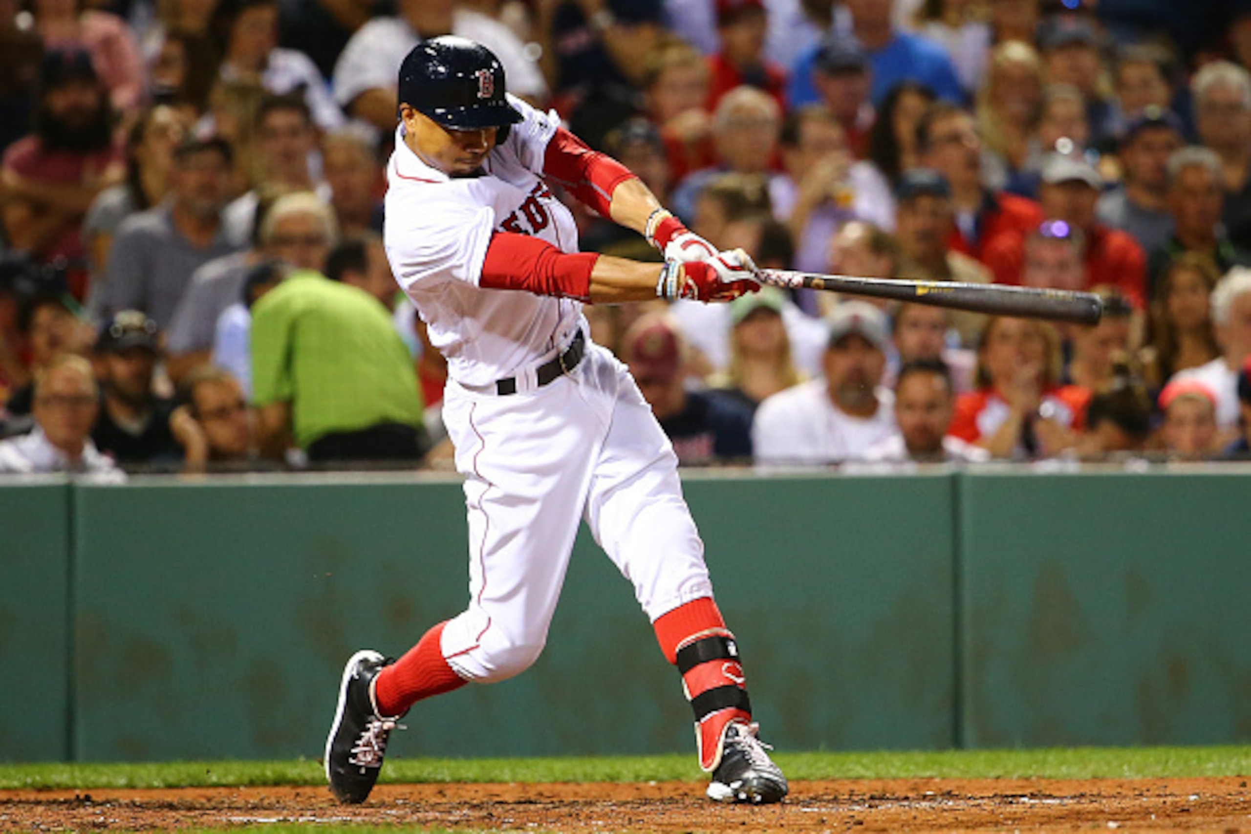 BOSTON, MA - SEPTEMBER 13: Mookie Betts #2 of the Boston Red Sox bats during a game against the Baltimore Orioles at Fenway Park on September 13, 2016 in Boston, Massachusetts.  (Photo by Adam Glanzman/Getty Images)