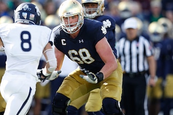 SOUTH BEND, IN - SEPTEMBER 10: Mike McGlinchey #68 of the Notre Dame Fighting Irish in action against the Nevada Wolf Pack during the game at Notre Dame Stadium on September 10, 2016 in South Bend, Indiana. Notre Dame defeated Nevada 39-10. (Photo by Joe 