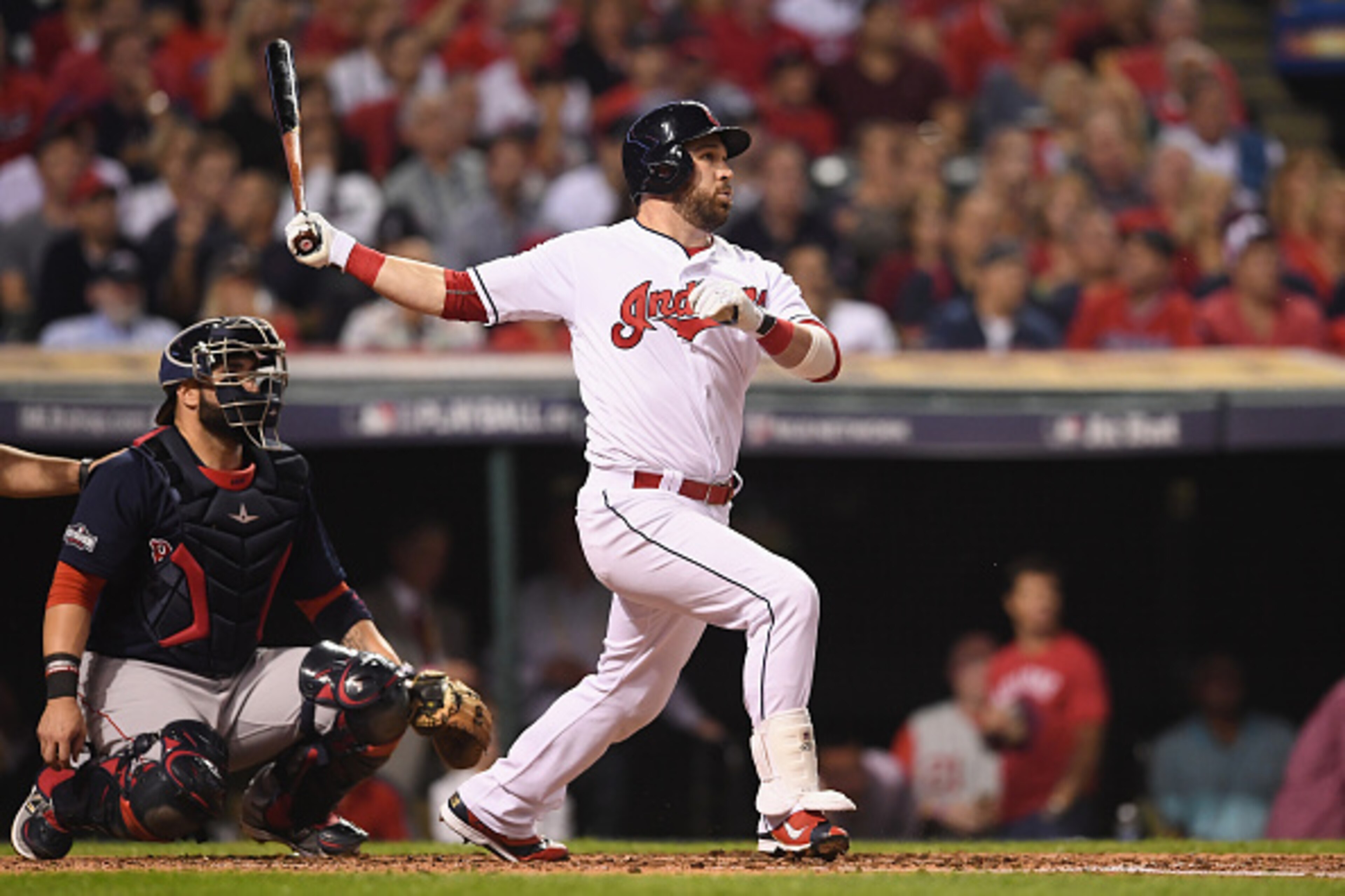CLEVELAND, OH - OCTOBER 06:  Jason Kipnis #22 of the Cleveland Indians hits a solo home run in the third inning against the Boston Red Sox during game one of the American League Divison Series at Progressive Field on October 6, 2016 in Cleveland, Ohio.  (