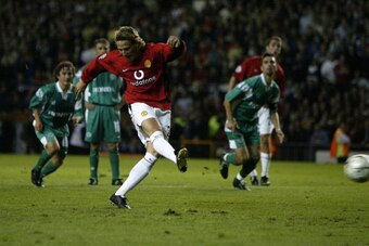 MANCHESTER - 18 SEPTEMBER:  Diego Forlan scores his first goal for Manchester United from the penalty spot during the UEFA Champions League First Phase Group F match between Manchester United and Maccabi Haifa at Old Trafford in Manchester on September 18