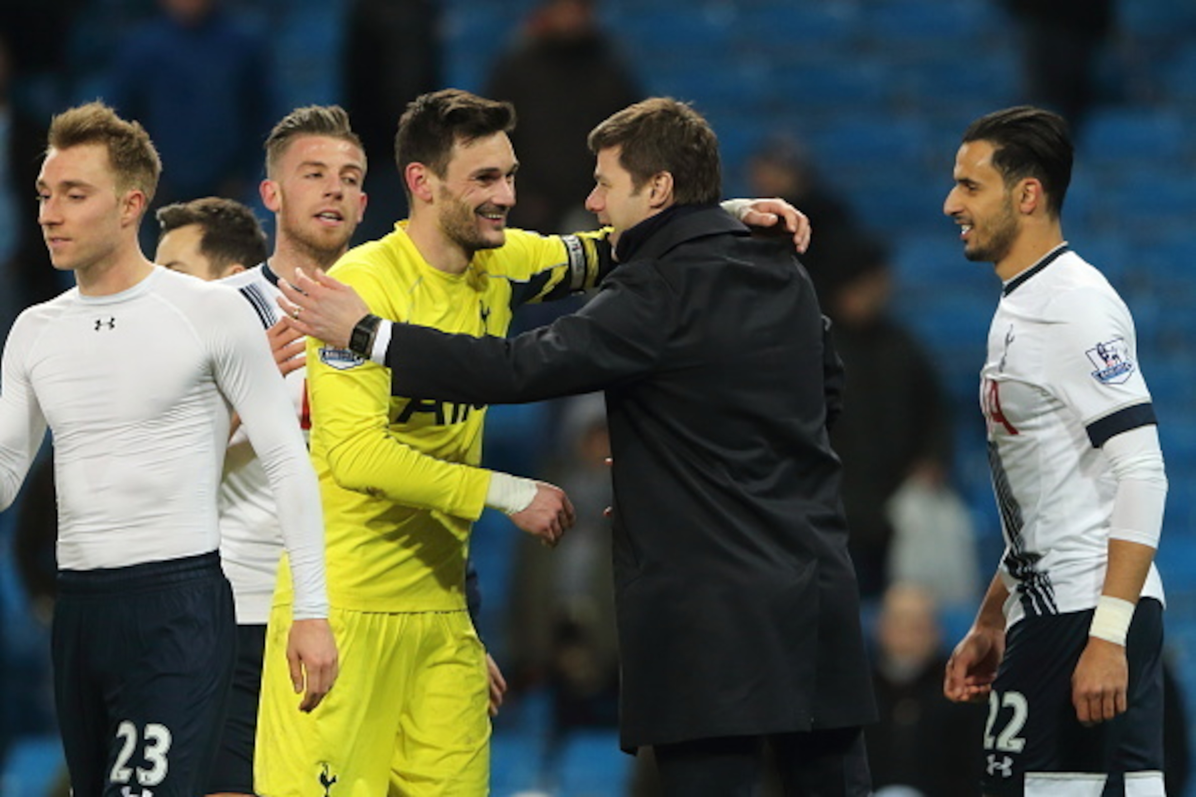 MANCHESTER, ENGLAND - FEBRUARY 14 : Hugo Lloris of Tottenham Hotspur celebrates victory with Mauricio Pochettino the head coach / manager of Tottenham Hotspur after victory in the Barclays Premier League match between Manchester City and Tottenham Hotspu MANCHESTER, ENGLAND - FEBRUARY 14 : Hugo Lloris of Tottenham Hotspur celebrates victory with Mauricio Pochettino the head coach / manager of Tottenham Hotspur after victory in the Barclays Premier League match between Manchester City and Tottenham Hotspu