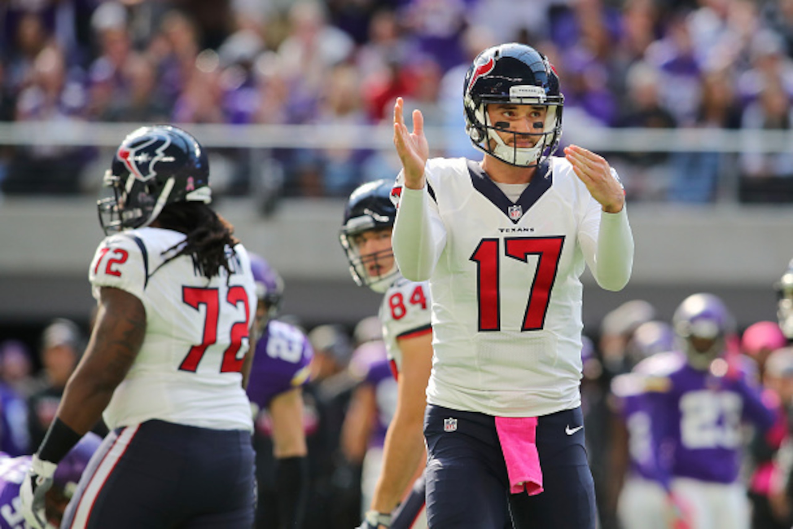 MINNEAPOLIS, MN - OCTOBER 9: Quarterback Brock Osweiler #17 of the Houston Texans calls timeout during the first quarter of the game against the Minnesota Vikings on October 9, 2016 at US Bank Stadium in Minneapolis, Minnesota. (Photo by Adam Bettcher/Get