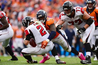 DENVER, CO - OCTOBER 9:  Outside linebacker Von Miller #58 of the Denver Broncos tackles quarterback Matt Ryan #2 of the Atlanta Falcons in the third quarter of the game at Sports Authority Field at Mile High on October 9, 2016 in Denver, Colorado. (Photo