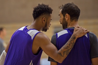 ISLA VISTA, CA - SEPTEMBER 30:  D'Angelo Russell #1 and Jose Calderon #5 of the Los Angeles Lakers talk during team practice at Robertson Gymnasium on the campus of University of California Santa Barbra on September 30, 2016 in El Segundo, California. NOT