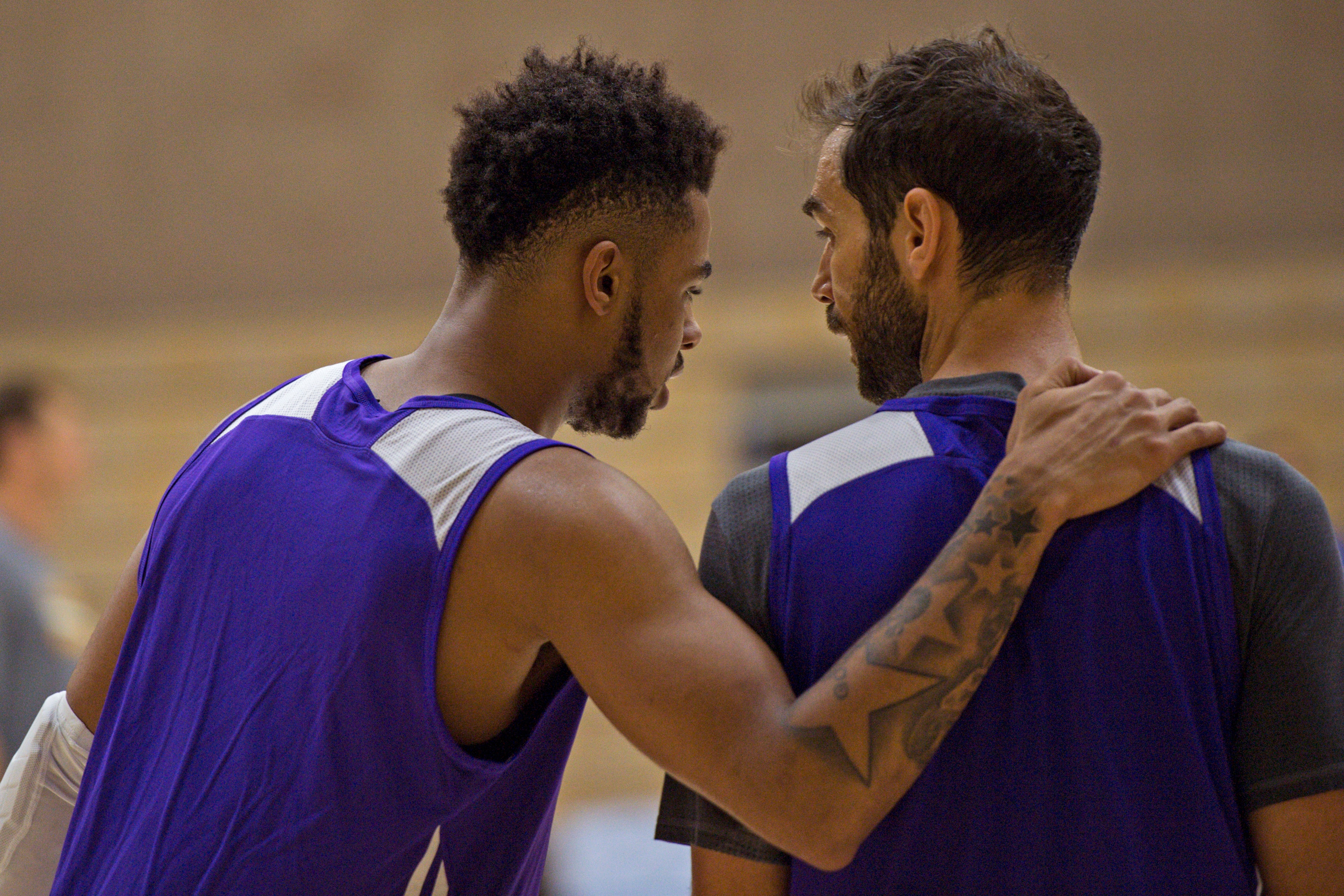 ISLA VISTA, CA - SEPTEMBER 30:  D'Angelo Russell #1 and Jose Calderon #5 of the Los Angeles Lakers talk during team practice at Robertson Gymnasium on the campus of University of California Santa Barbra on September 30, 2016 in El Segundo, California. NOT