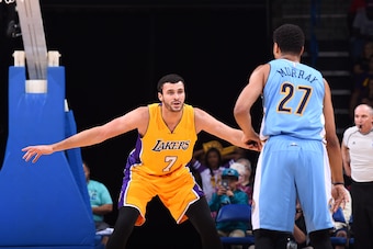 Ontario, CA - OCTOBER 9:  Larry Nance Jr. #7 of the Los Angeles Lakers plays defense against the Denver Nuggets during a preseason game on October 9, 2016 at Citizens Business Bank Arena in Ontario, California. NOTE TO USER: User expressly acknowledges an