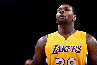 Ontario, CA - OCTOBER 9:  Tarik Black #28 of the Los Angeles Lakers looks on against the Denver Nuggets during a preseason game on October 9, 2016 at Citizens Business Bank Arena in Ontario, California. NOTE TO USER: User expressly acknowledges and agrees