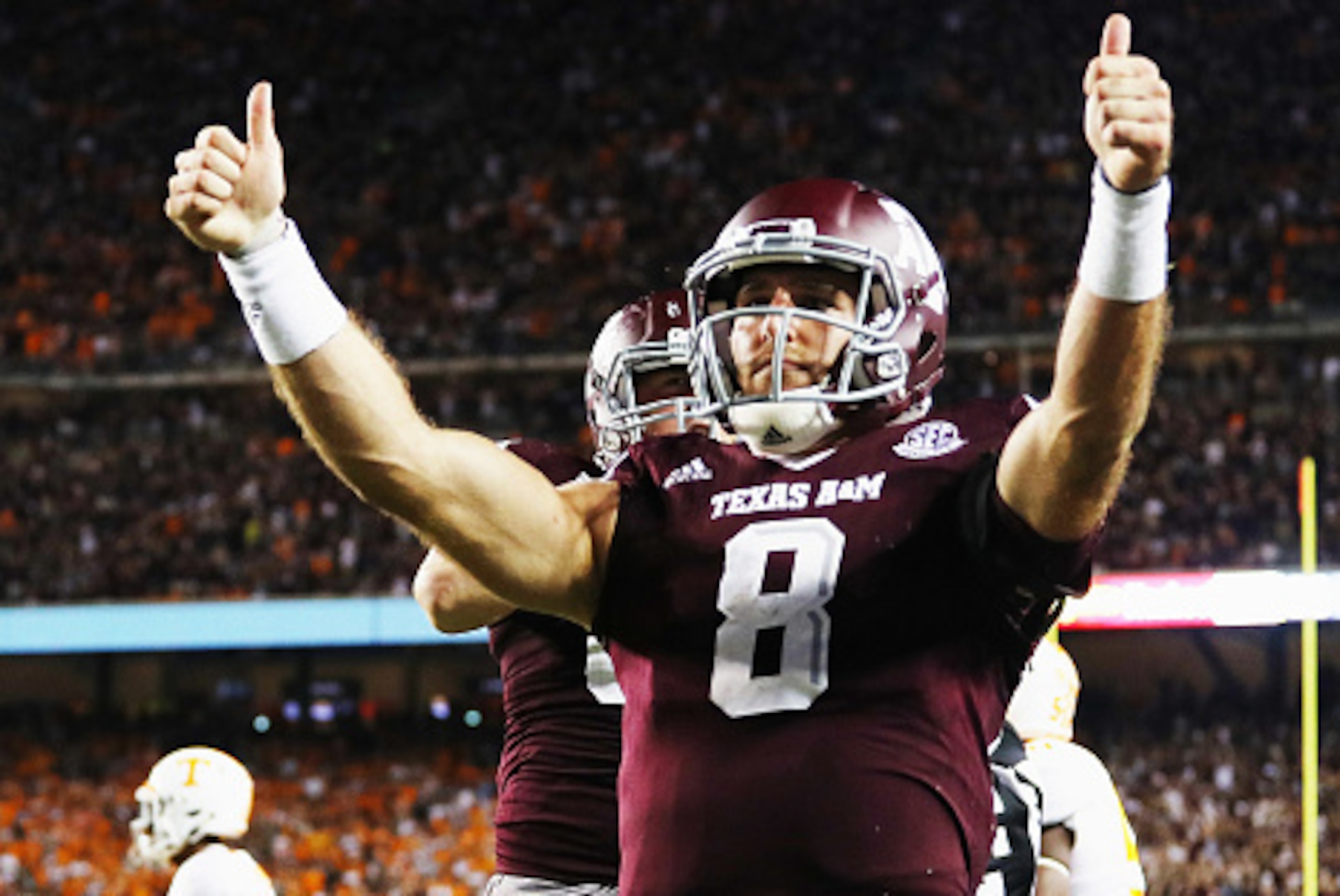 COLLEGE STATION, TX - OCTOBER 08: Trevor Knight #8 of the Texas A&M Aggies celebrates after scoring a touchdown in the second overtime of their game against the Tennessee Volunteers at Kyle Field on October 8, 2016 in College Station, Texas. (Photo by S COLLEGE STATION, TX - OCTOBER 08: Trevor Knight #8 of the Texas A&M Aggies celebrates after scoring a touchdown in the second overtime of their game against the Tennessee Volunteers at Kyle Field on October 8, 2016 in College Station, Texas. (Photo by S
